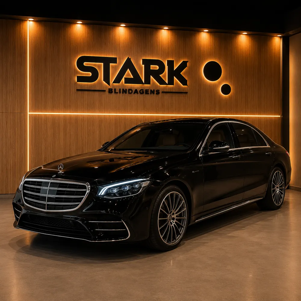 Mercedes preta com blindagem Classic no showroom da Stark