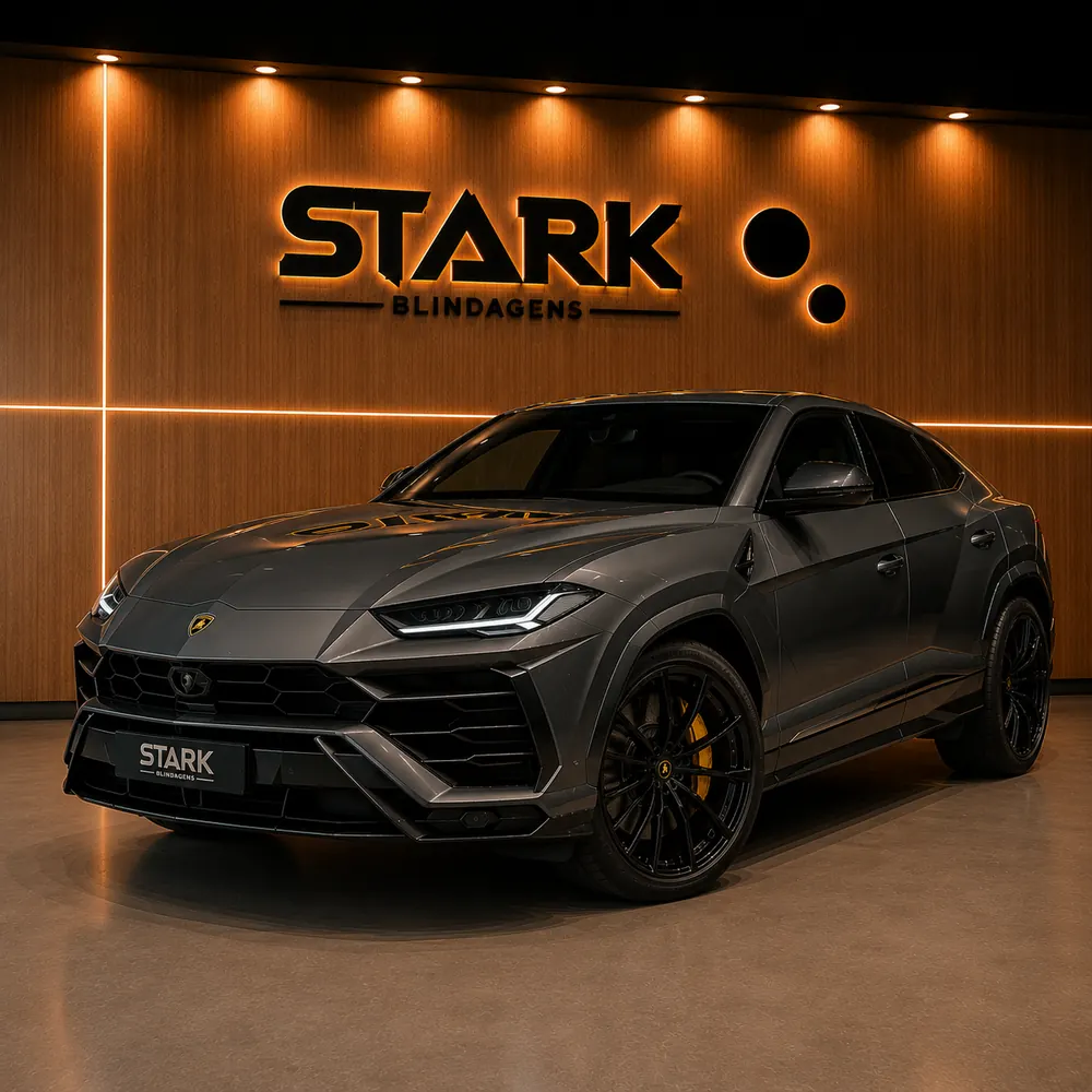 SUV esportiva cinza com blindagem Evolux no showroom da Stark